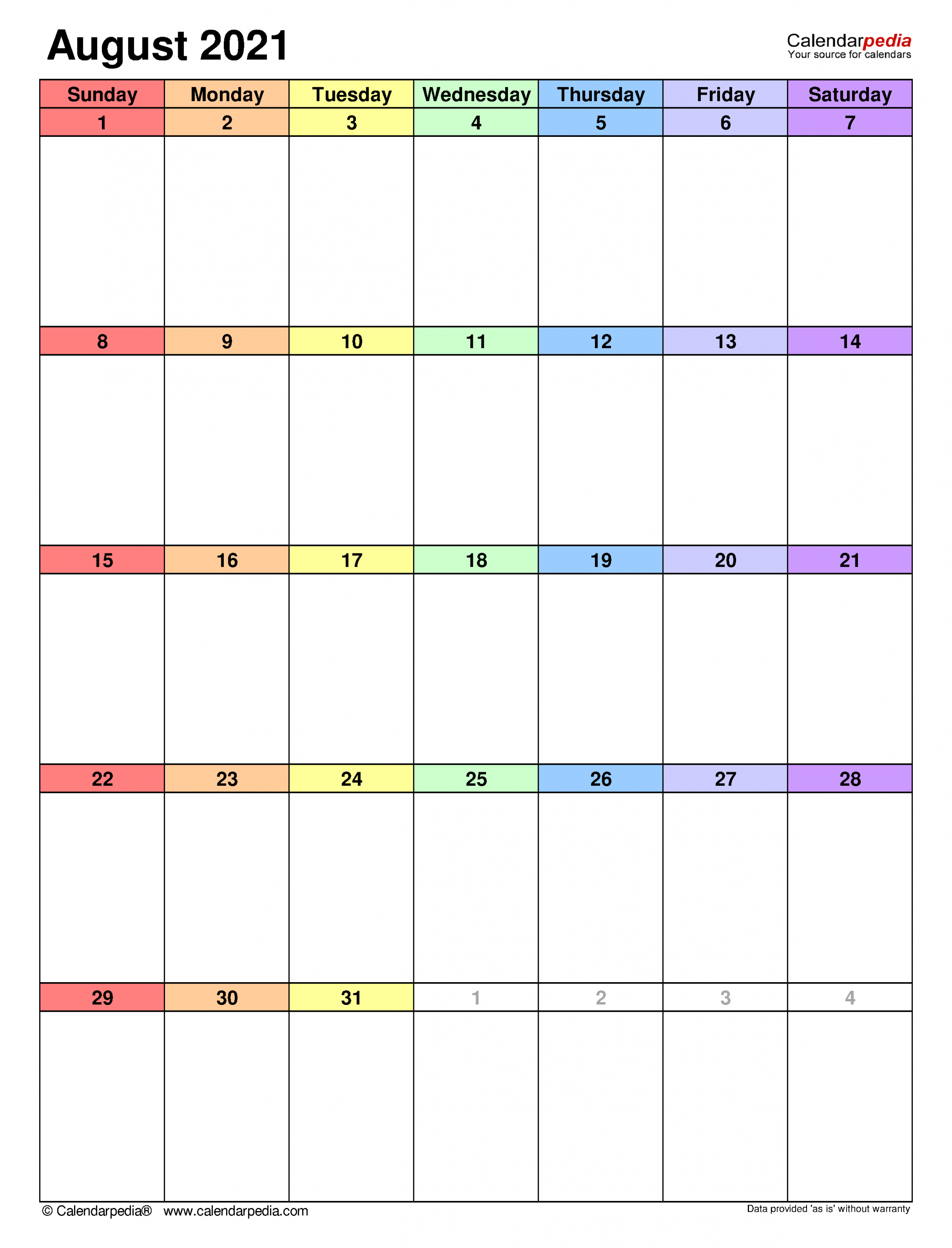 August  Calendar  Templates for Word, Excel and PDF