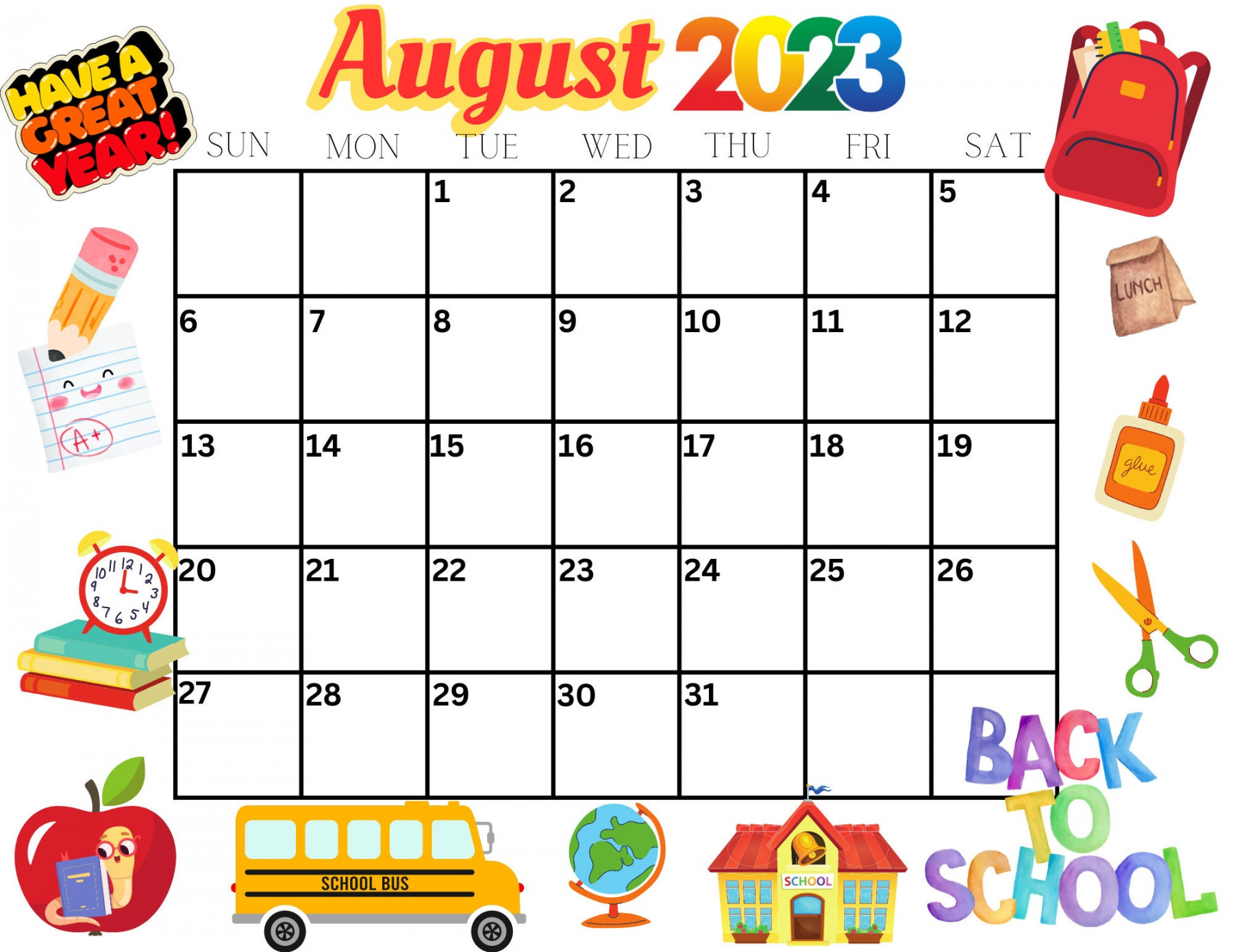 August Printable Monthly Calendar- Back To School