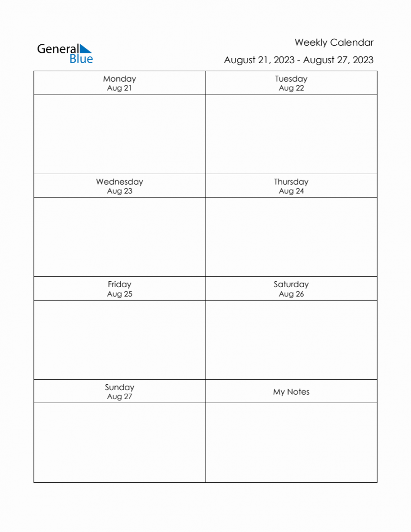 Blank Weekly Calendar in PDF, Word, and Excel for August  to