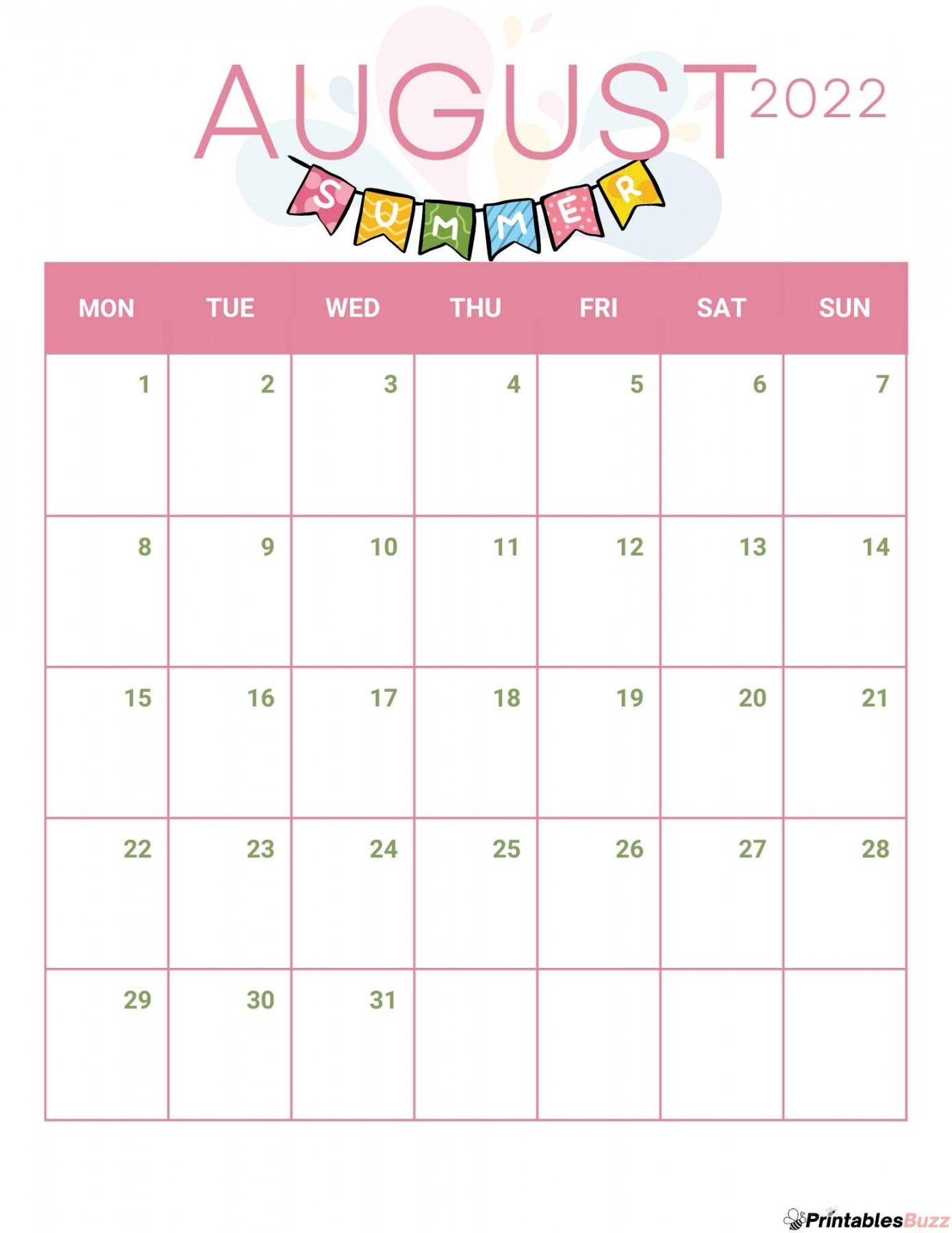 Cute August  Calendar Printables (Free) — PrintablesBuzz