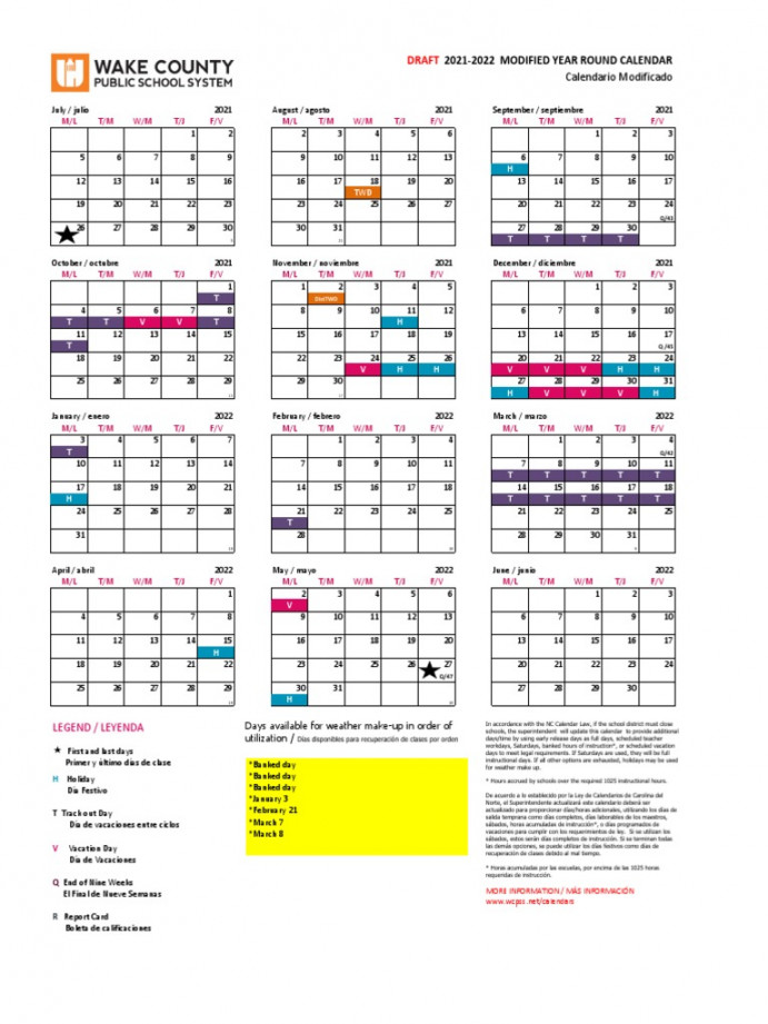 Draft - WCPSS Modified Calendar  PDF  Holiday Or Vacation