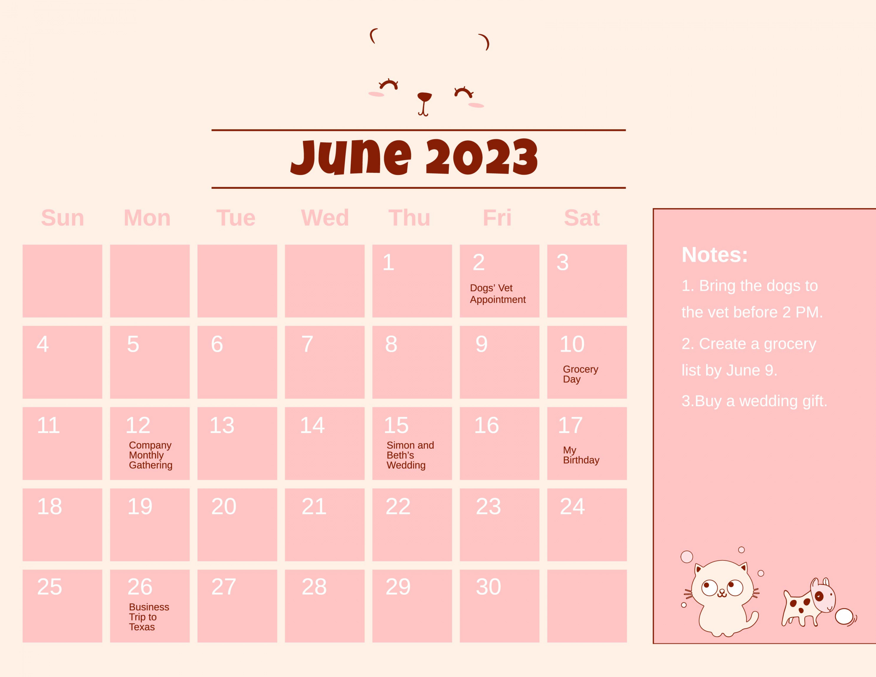 Free Cute June  Calendar Template - Download in Word, Google