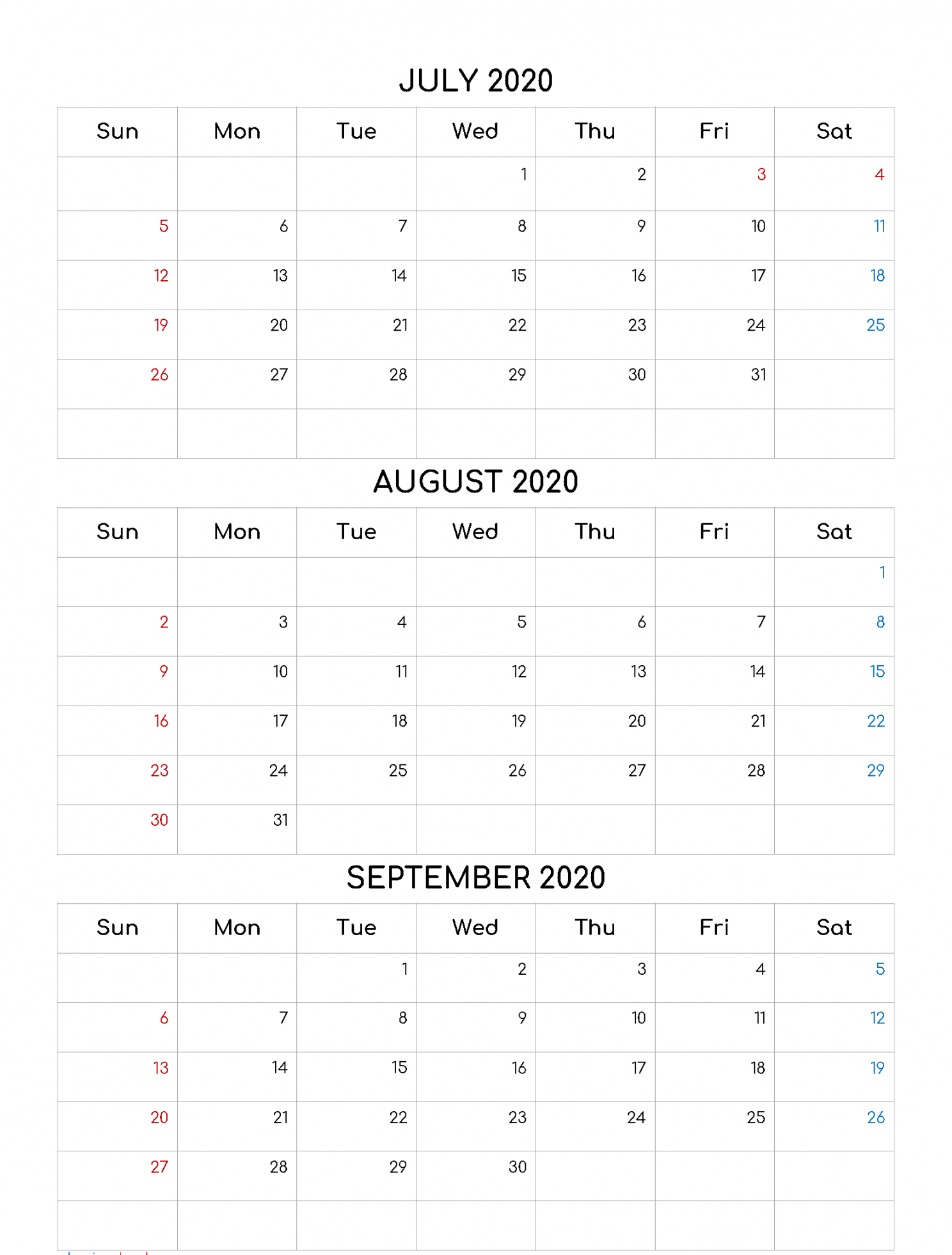 Free  July August September Calendar Template  September