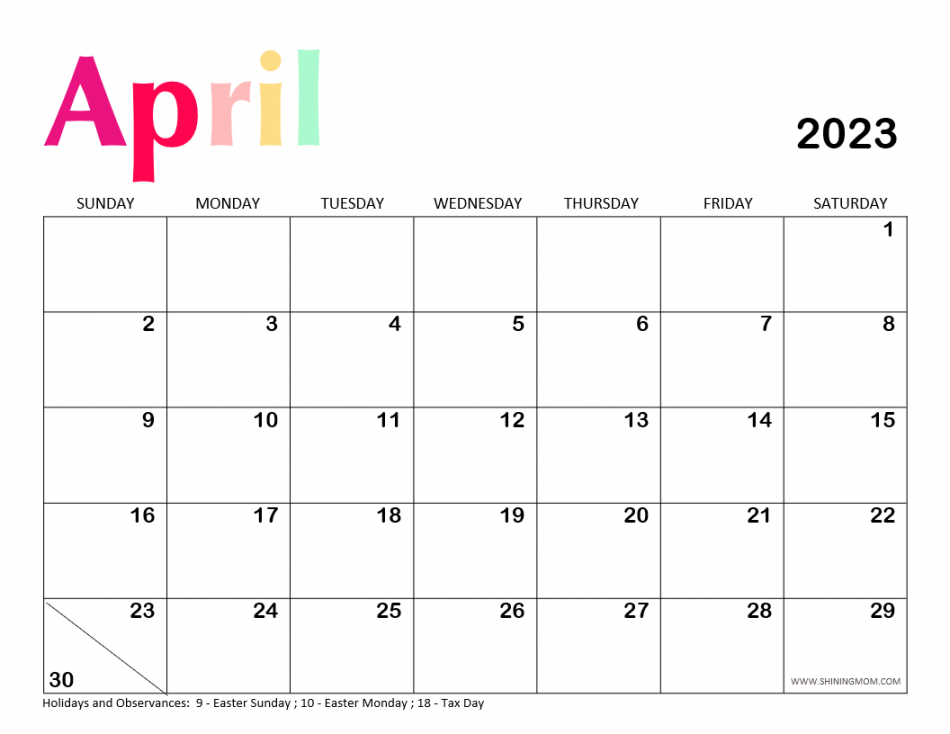 Free Printable April  Calendar:  Awesome Designs!