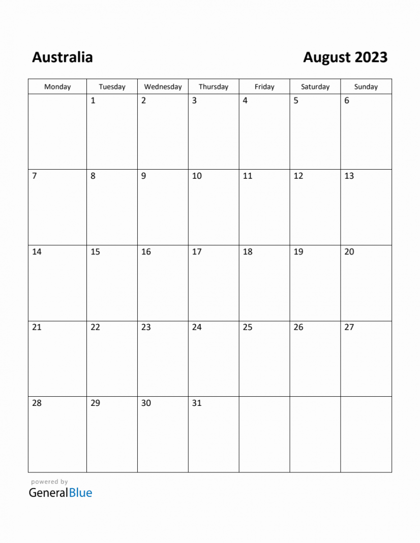 Free Printable August  Calendar for Australia
