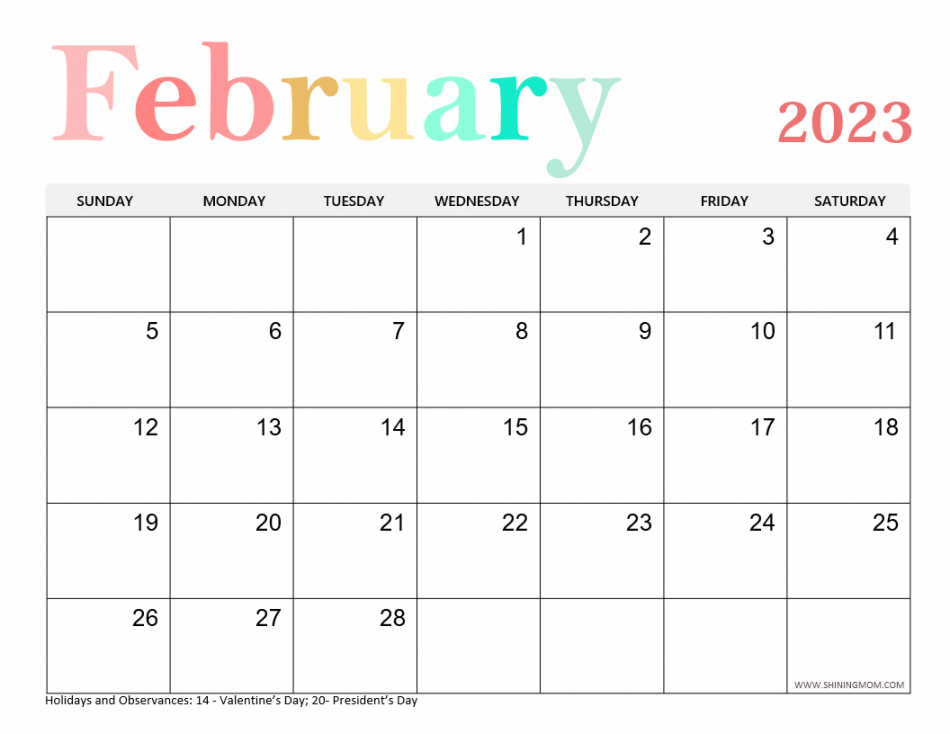 Free Printable February  Calendar with Holidays