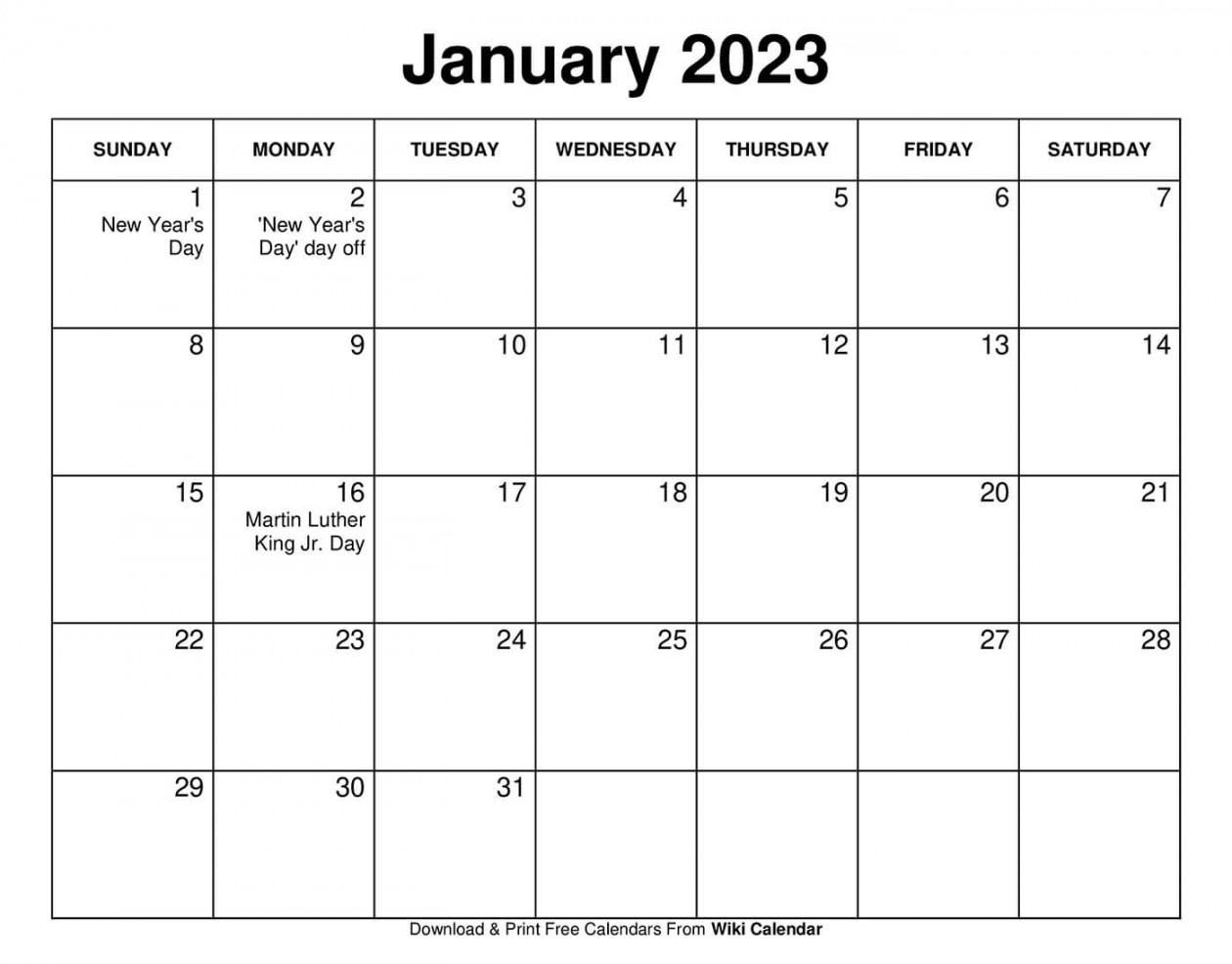 Free Printable January  Calendar Templates with Holidays