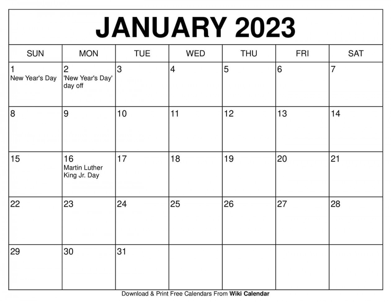 Free Printable January  Calendar Templates with Holidays