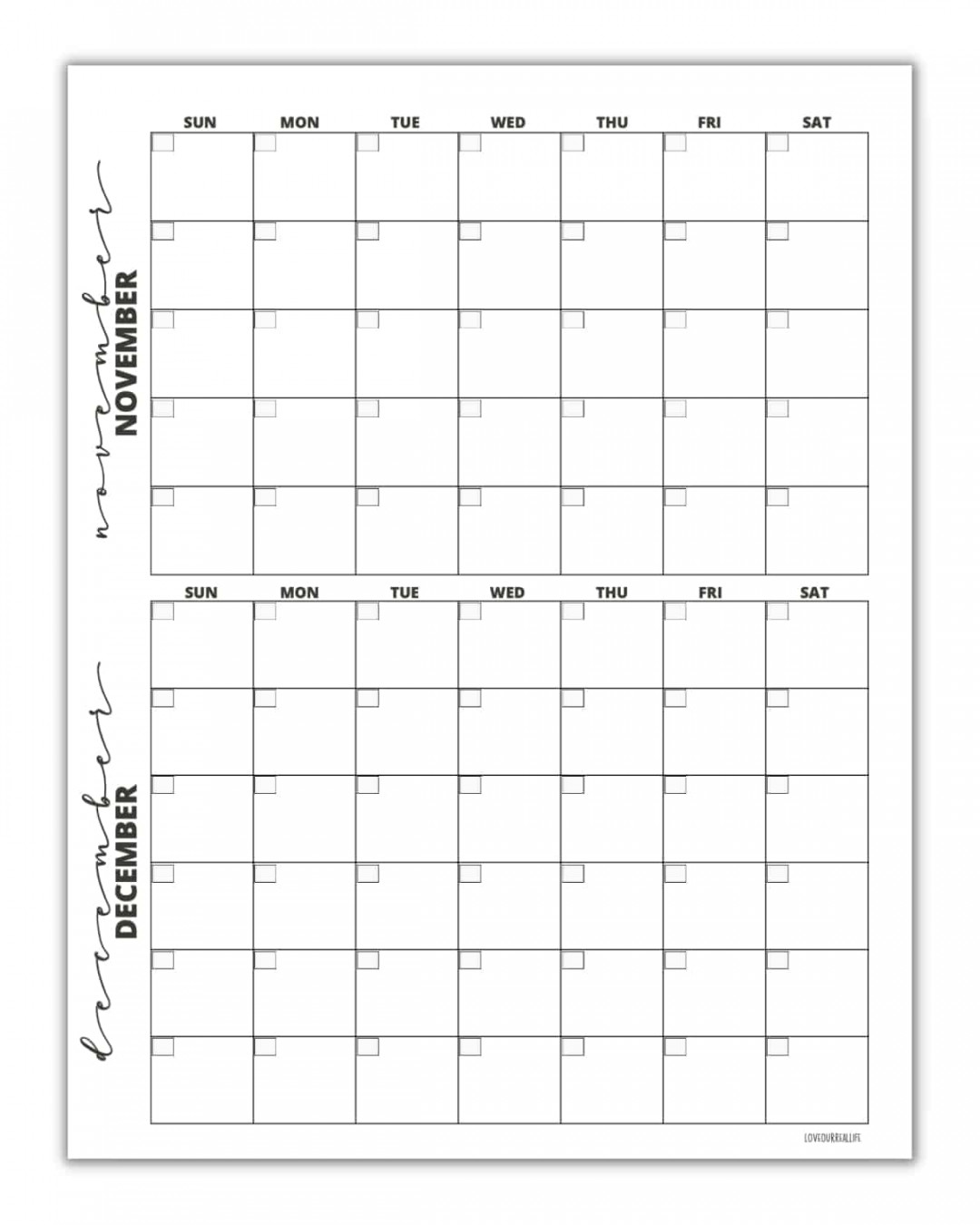 FREE Printable November & December Calendar Templates [