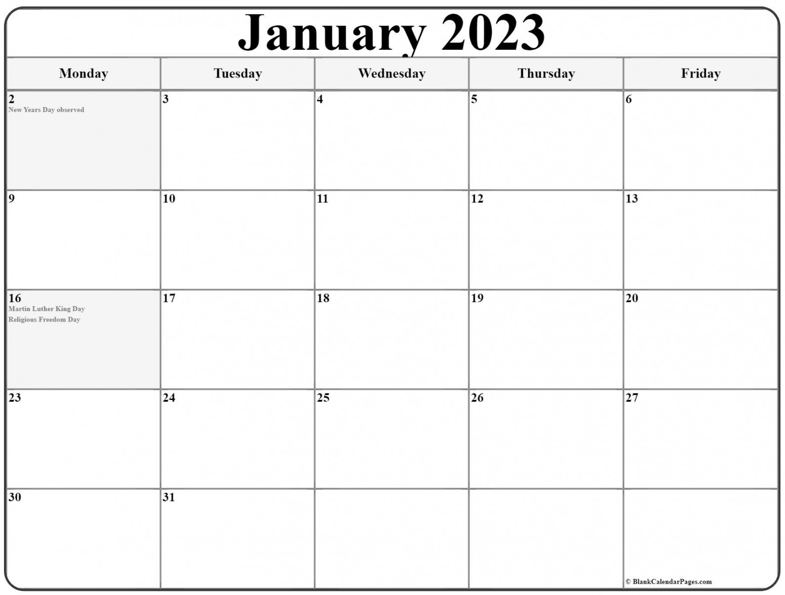 January  Monday Calendar  Monday to Sunday