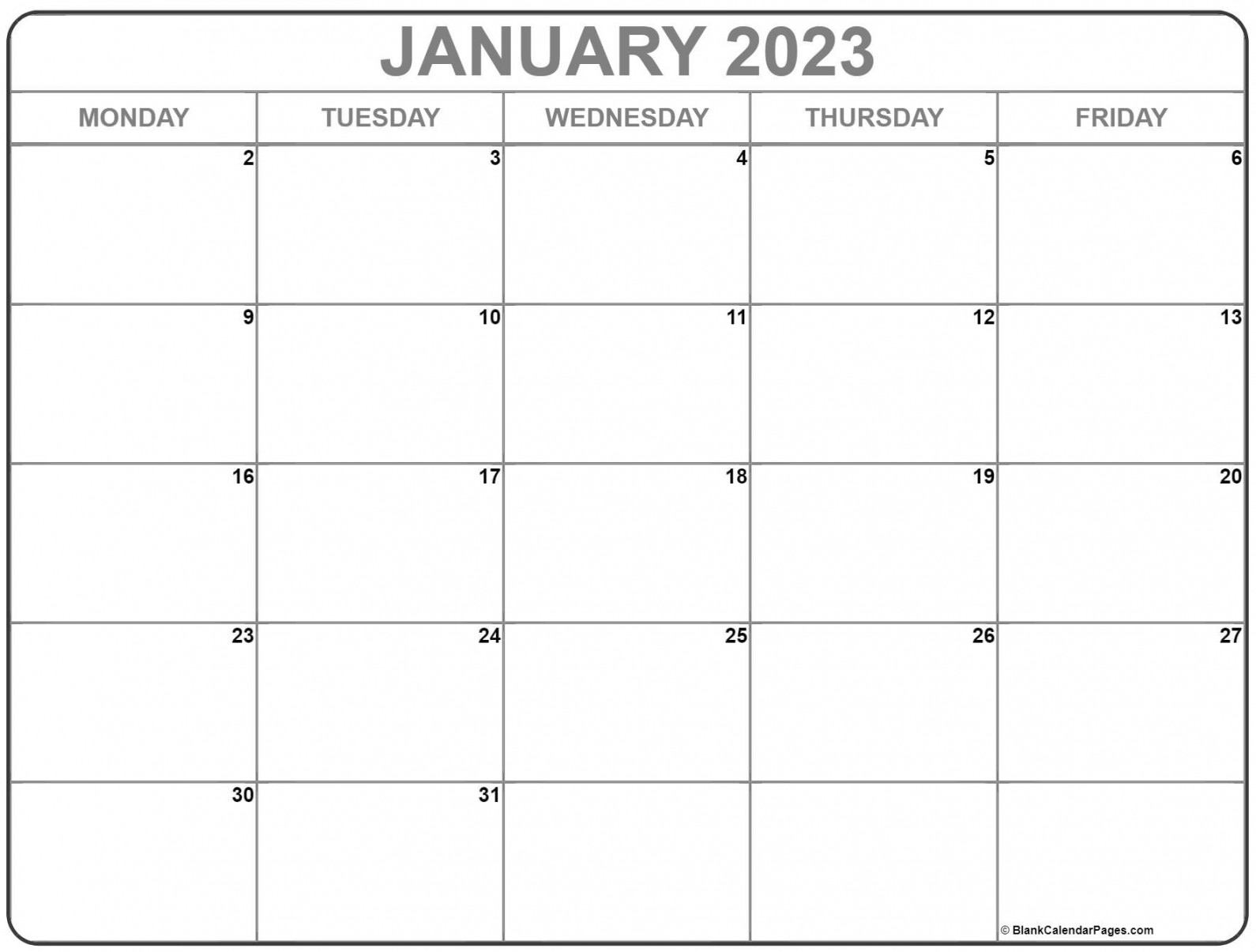 January  Monday Calendar  Monday to Sunday
