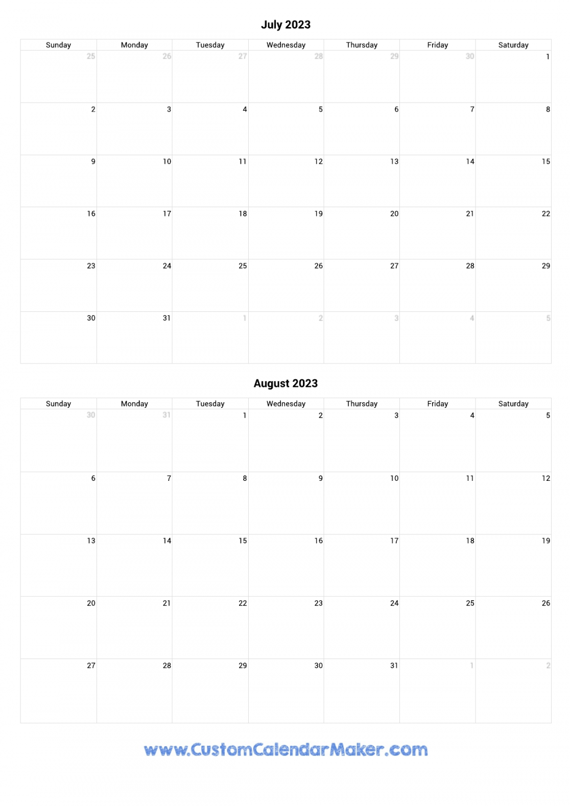 July and August  Printable Calendar Template