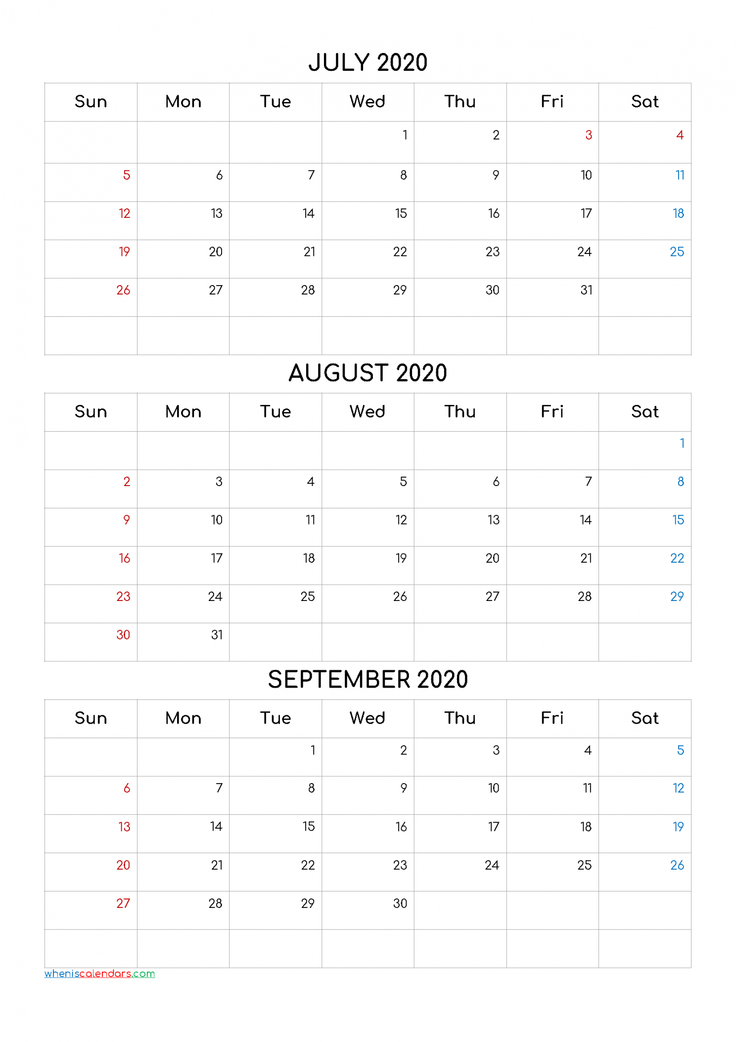 July August September  Three Month Calendar Printable-CF