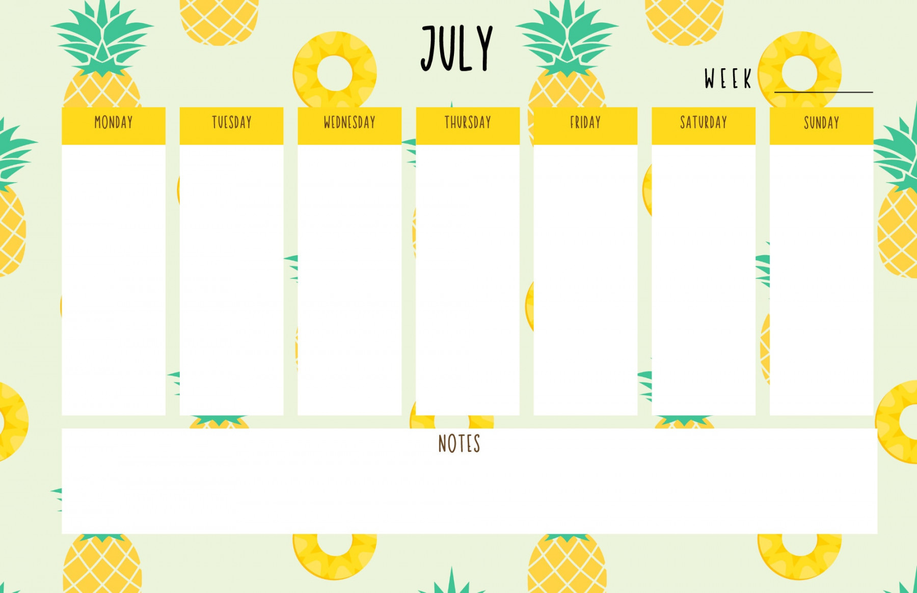 July Blank Weekly Calendar Pineapple Weekly Planner Weekly Planner  Instant Download printable Summer Weekly Calendar