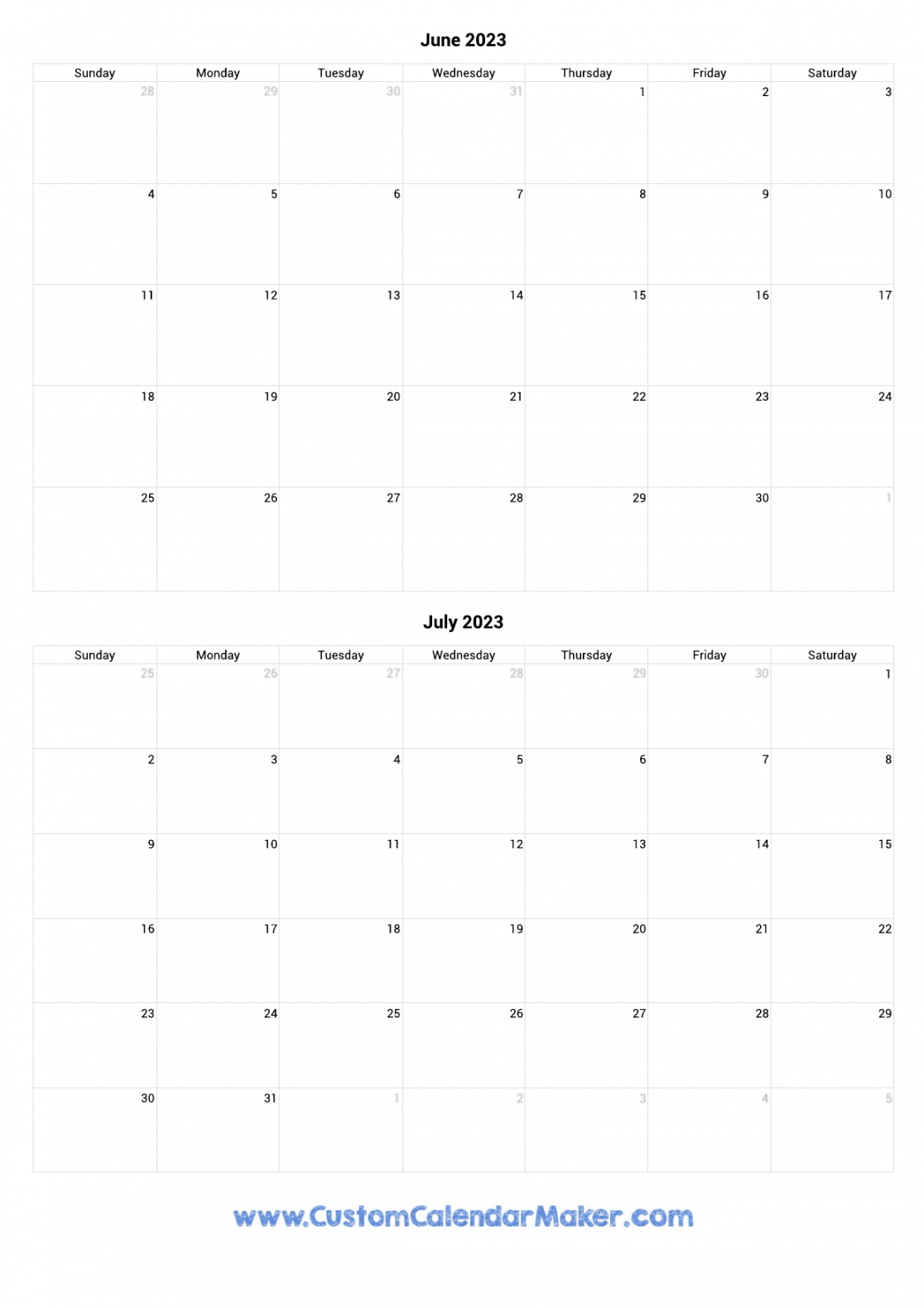 June and July  Printable Calendar Template