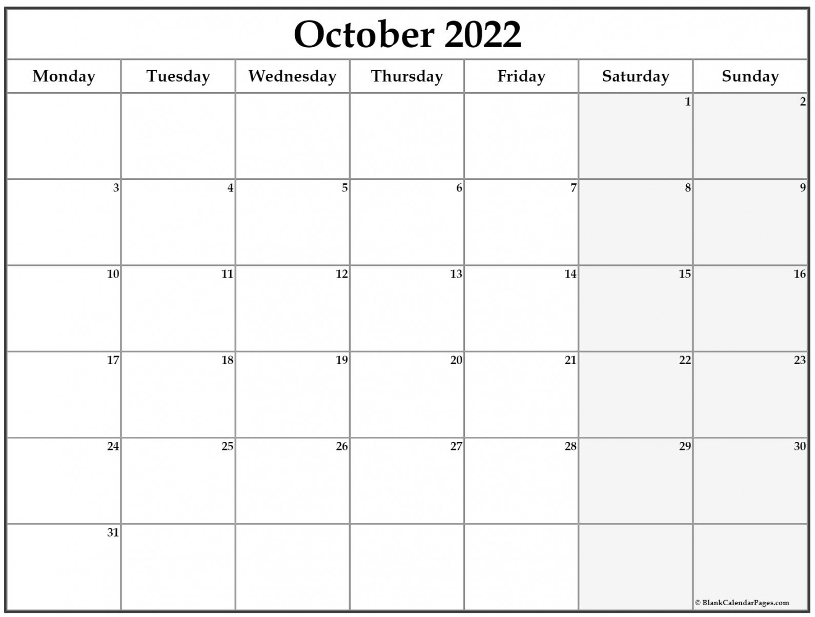October  Monday Calendar  Monday to Sunday