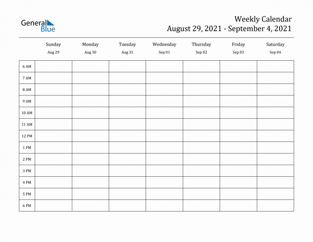 Weekly Calendar - August ,  to September ,  - (PDF