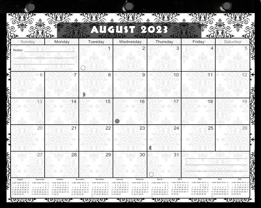 - Academic Year  Months Student Calendar/Planner in Protective  Sleeve for -Ring Binder, Desk or Wall -v (Damask Black and White)