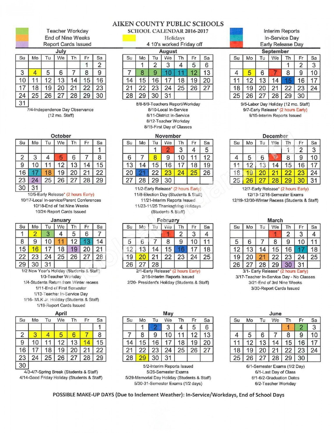Aiken County School Calendar  School calendar, County schools
