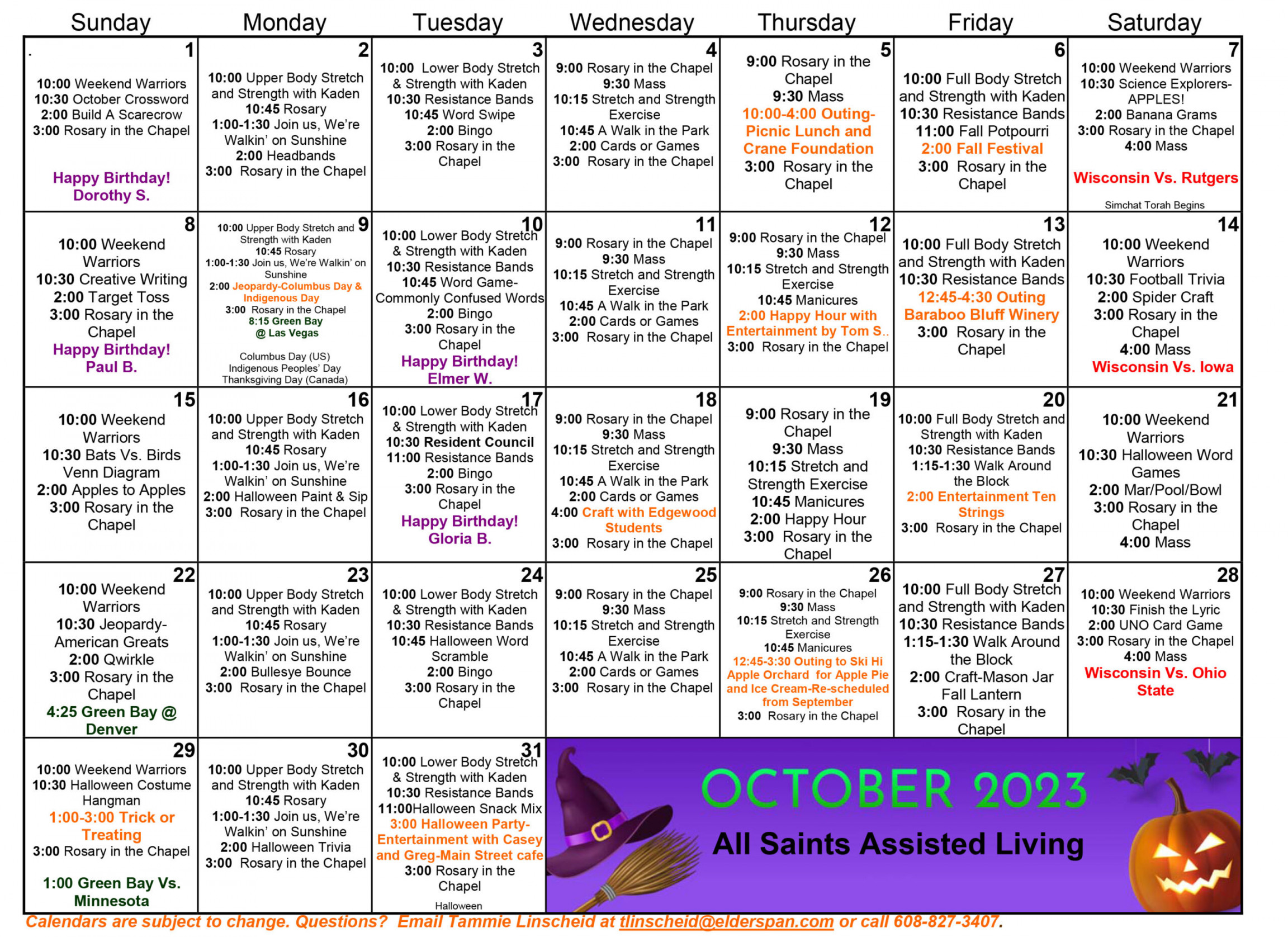 All Saints Assisted Living Activity Calendar  Madison, WI Senior