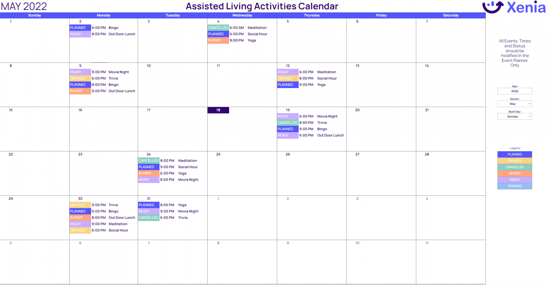 Assisted Living Activity Calendar  Free Tools by Xenia