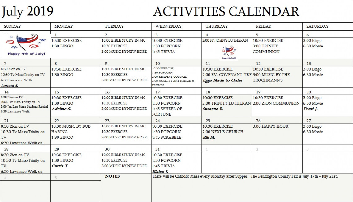 Assisted Living Monthly Activities Calendar