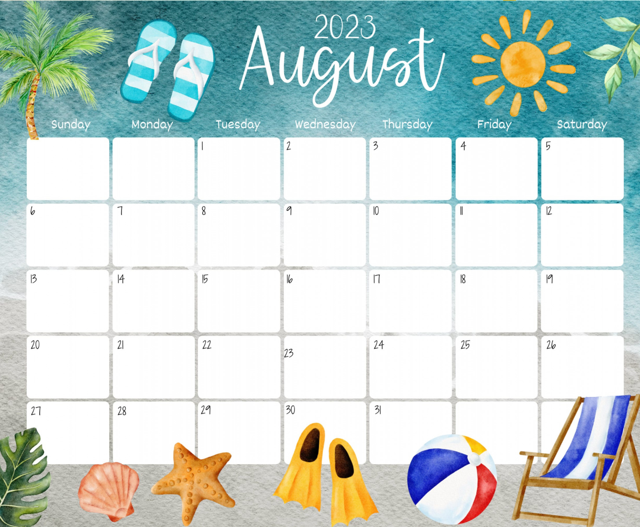 August Beach Calendar - Etsy
