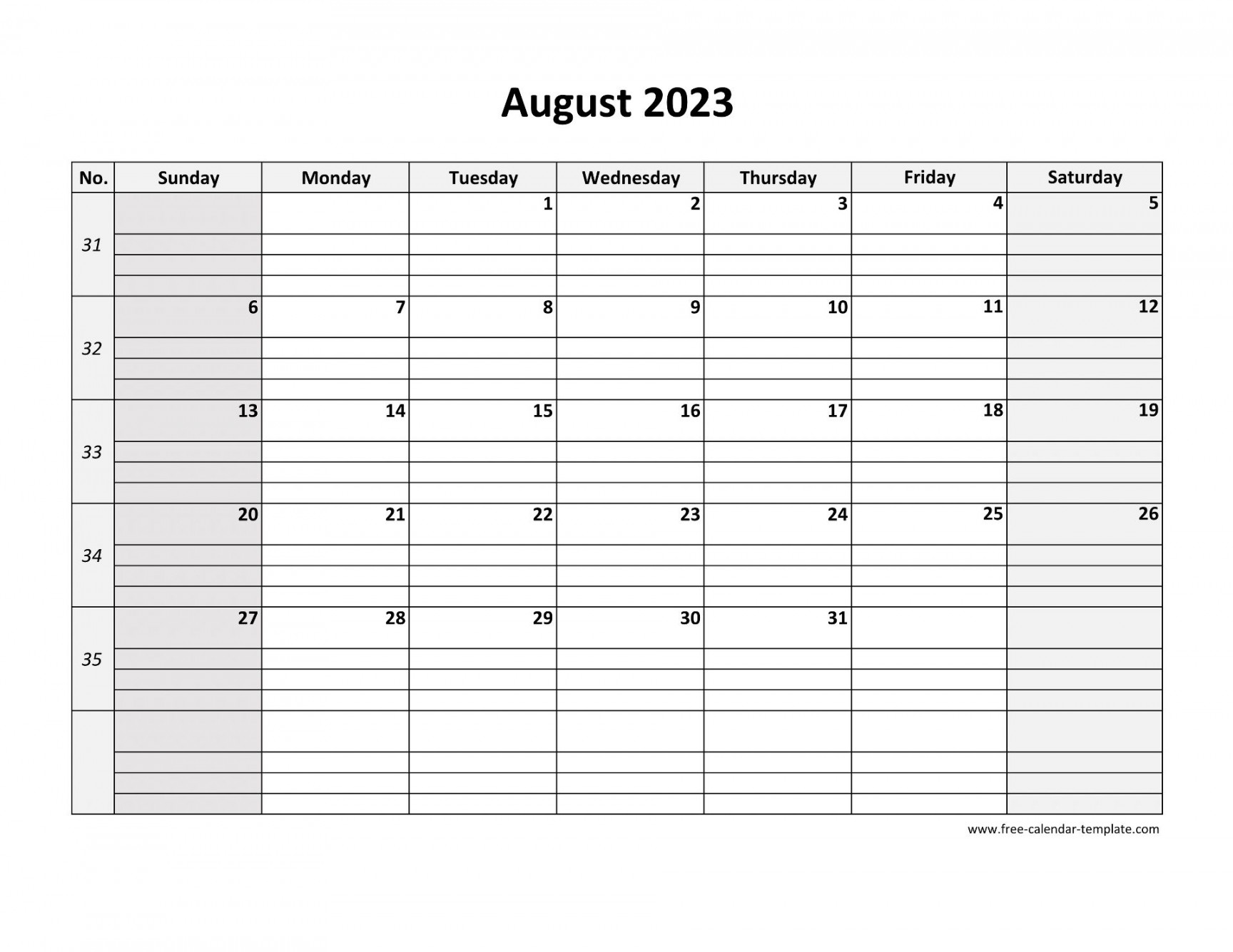 August  Calendar Free Printable with grid lines designed