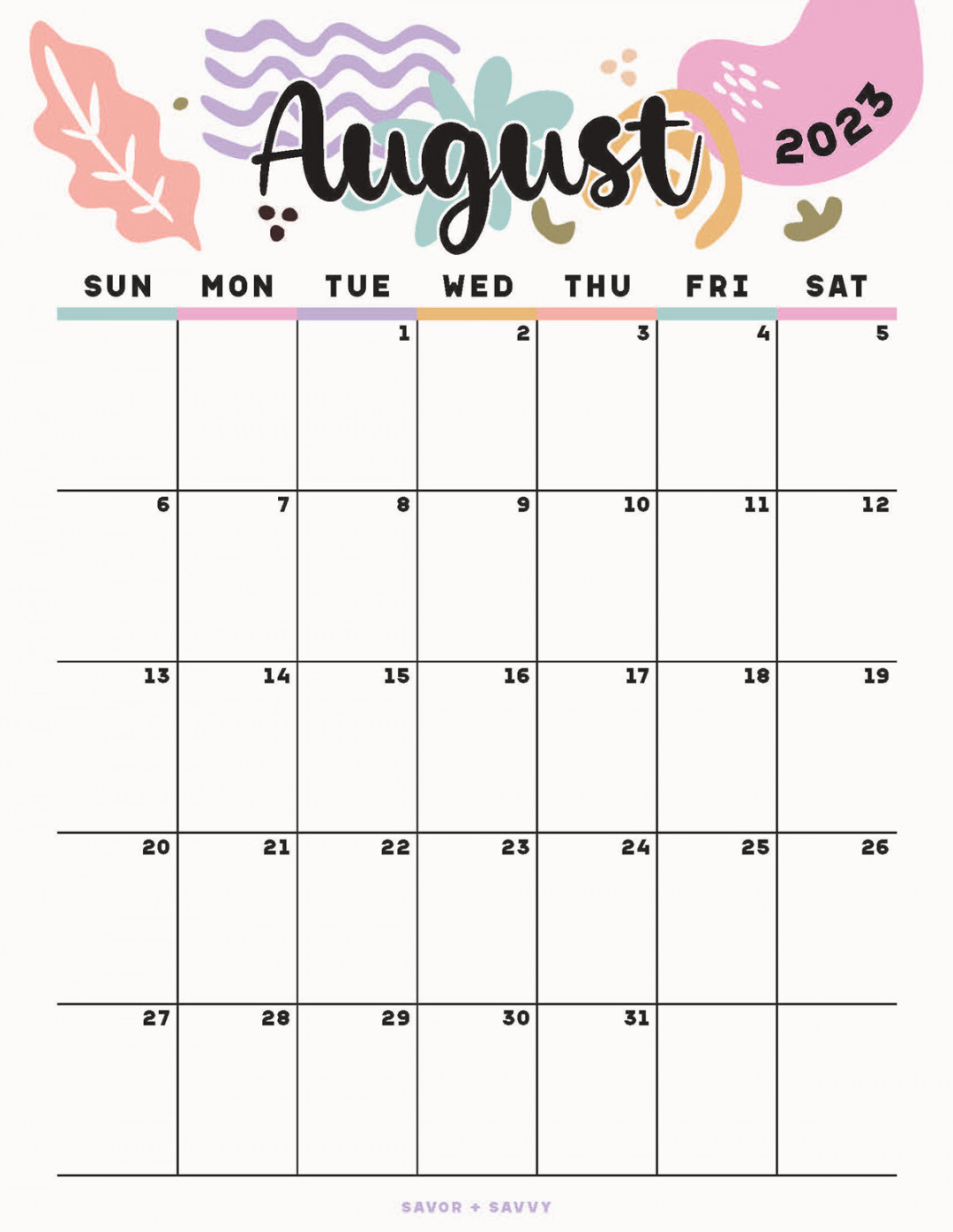 August  Calendar Templates -  Free Printables - Savor + Savvy