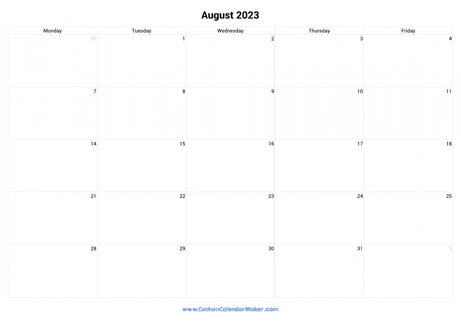 August  Calendar Weekdays Only  Monday to Friday