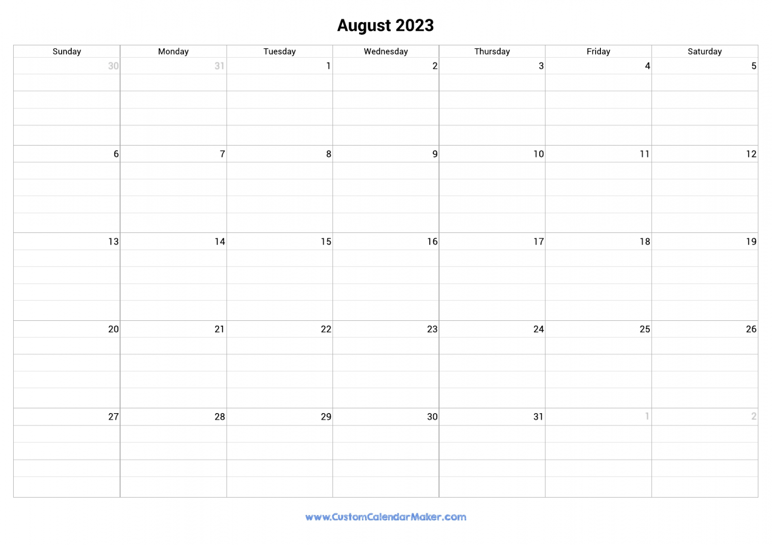 August  Fillable Calendar Grid With Lines