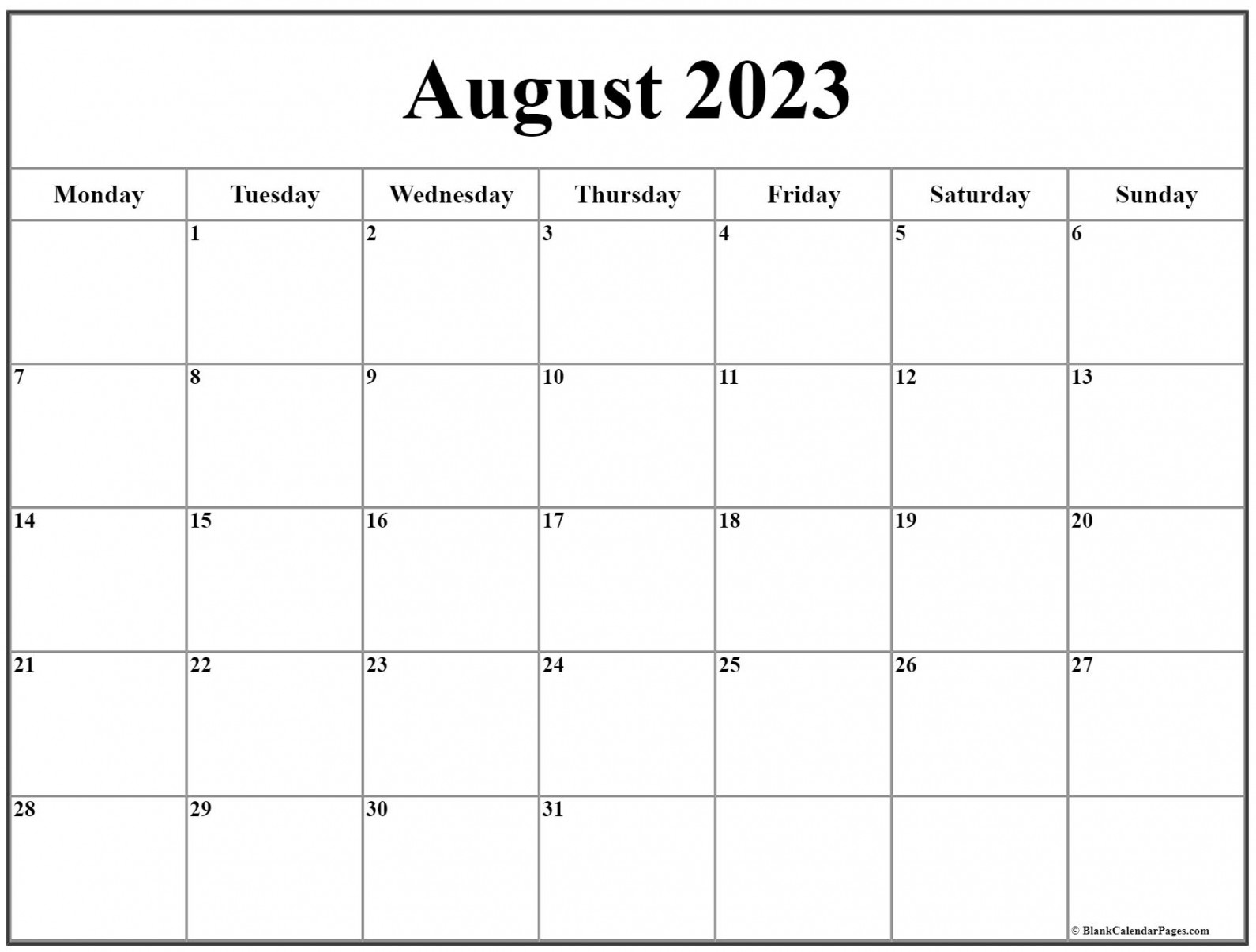 August  Monday Calendar  Monday to Sunday