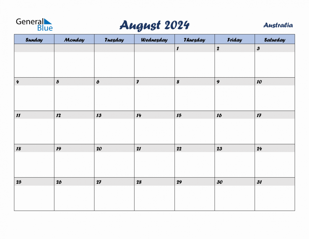 August  Monthly Calendar Template with Holidays for Australia