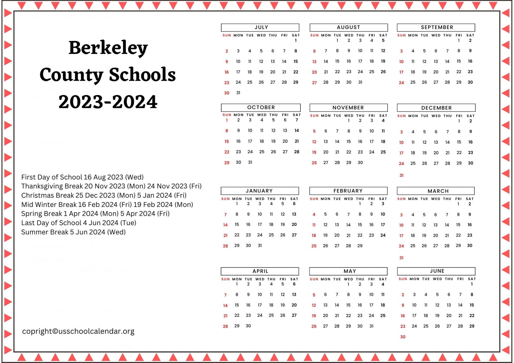 Berkeley County Schools Calendar with Holidays -