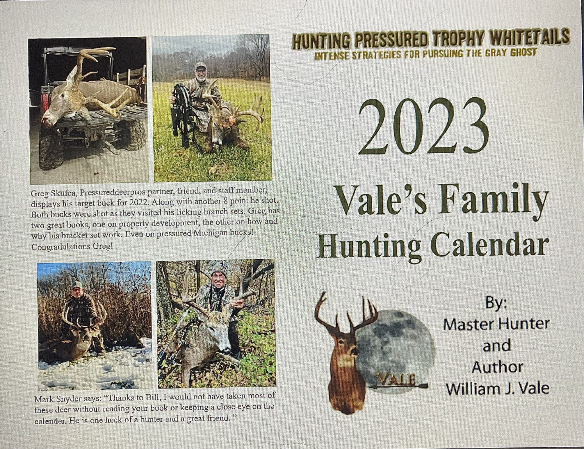 Bill Vales  Three Month Deer Hunting Calendar
