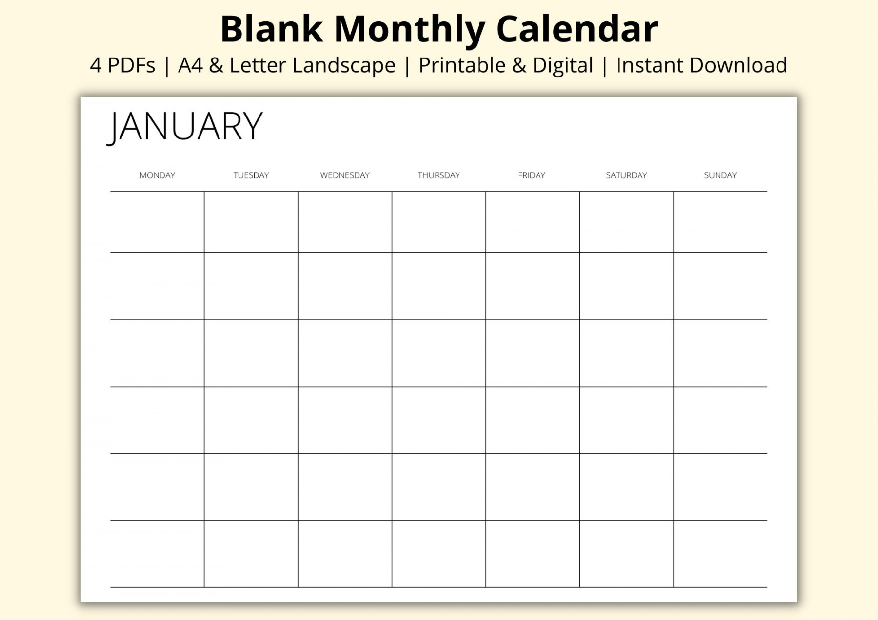 Blank Monthly Calendar Template  Month Calendar Pages - Etsy