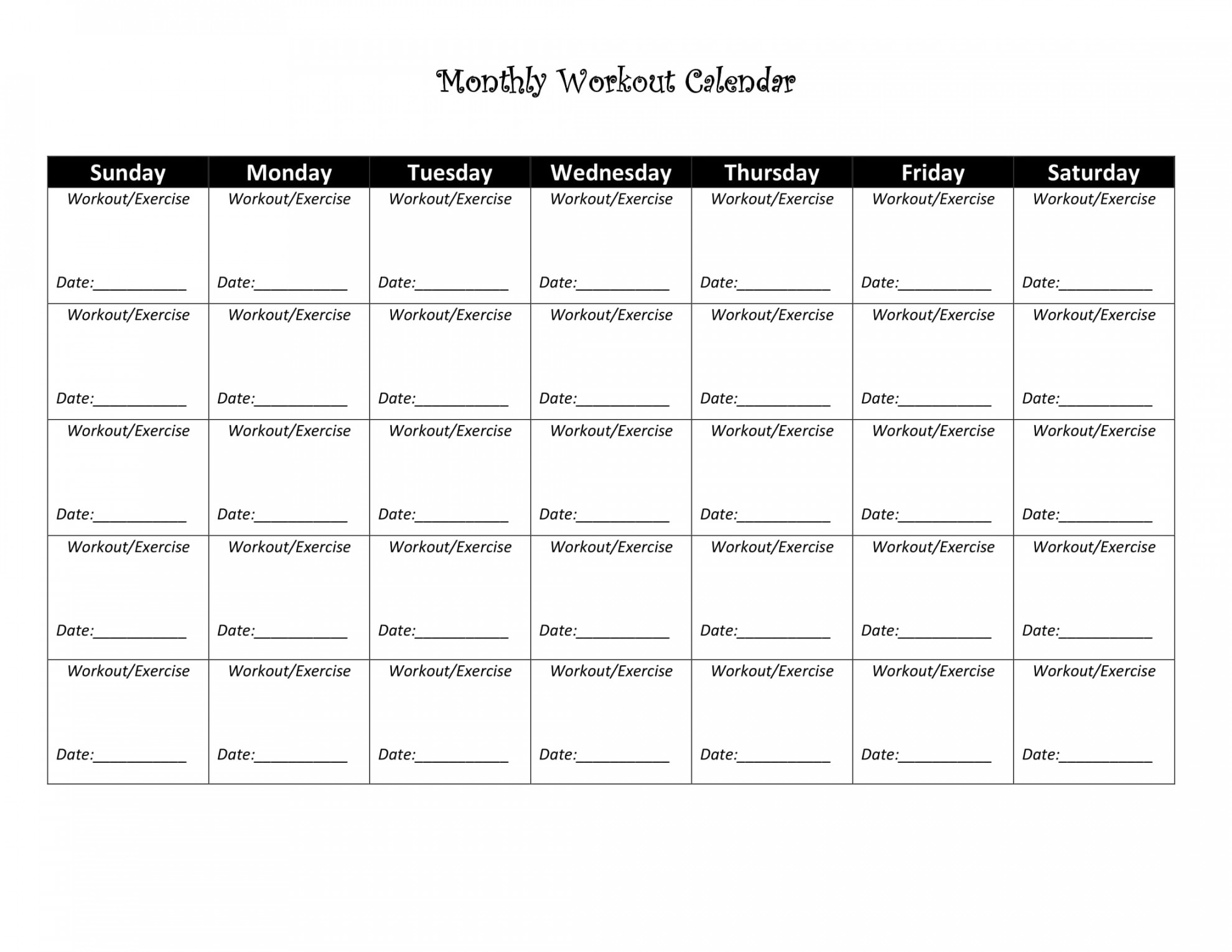 Blank Workout Calendar  Free Pdf
