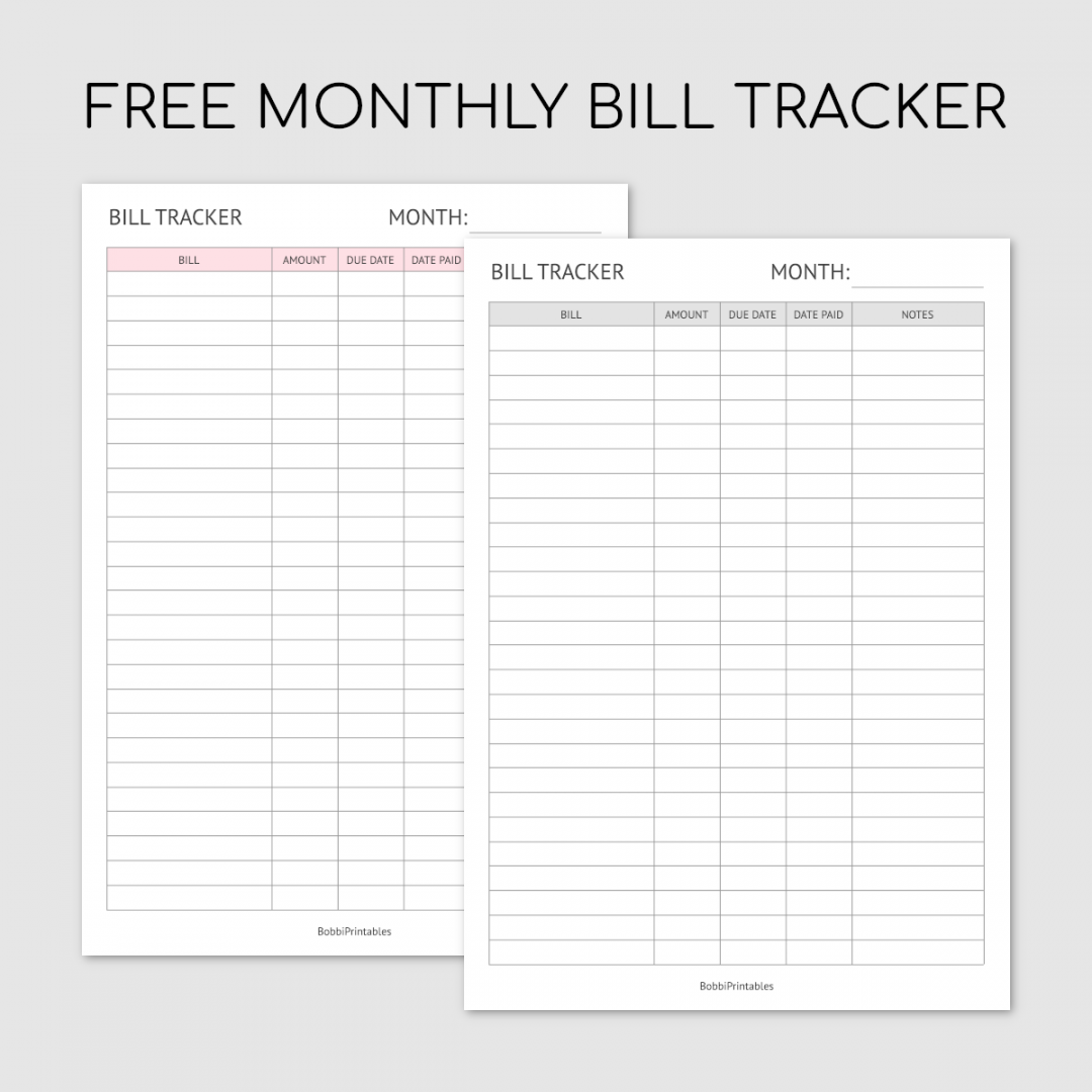 BobbiPrintables — Free Printable Monthly Bill Tracker Template