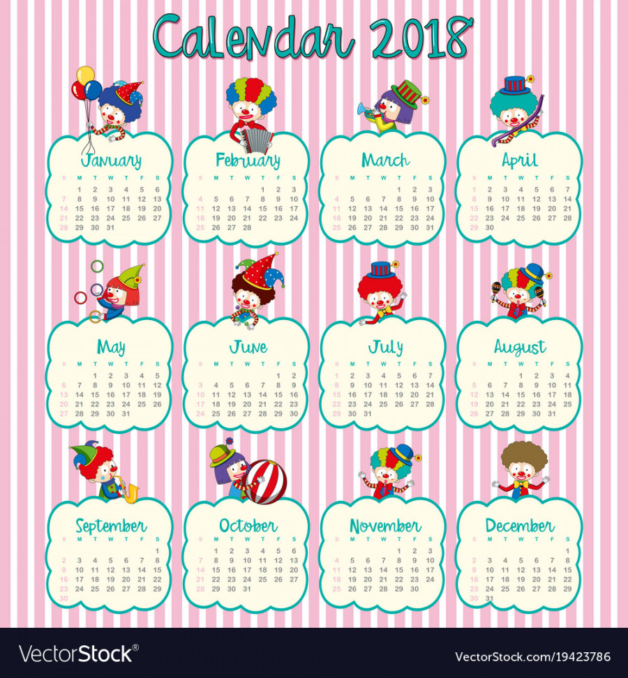 calendar design with happy clowns Royalty Free Vector