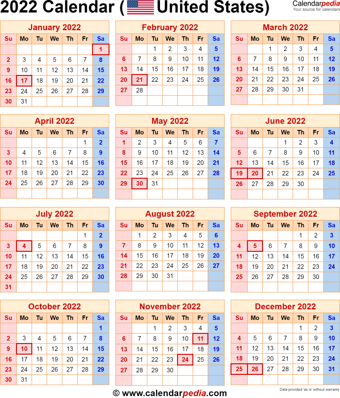 Calendar with Federal Holidays