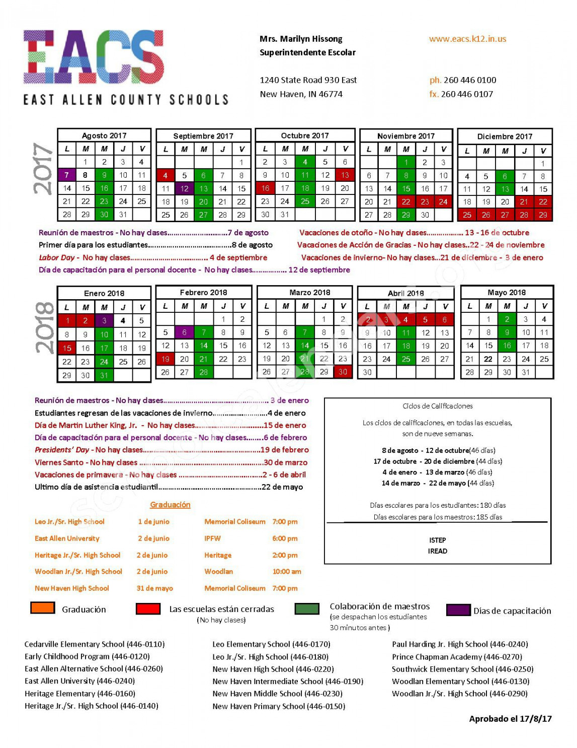 -  Calendario Escolar  East Allen County Schools – New
