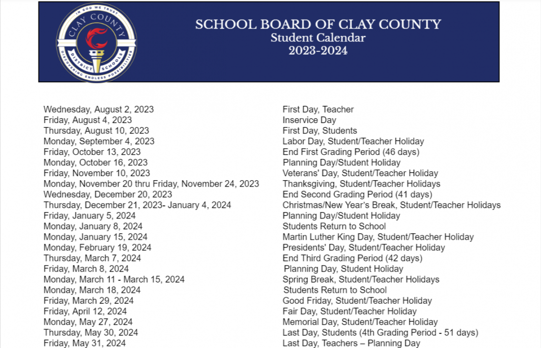 Clay County School District Calendar -