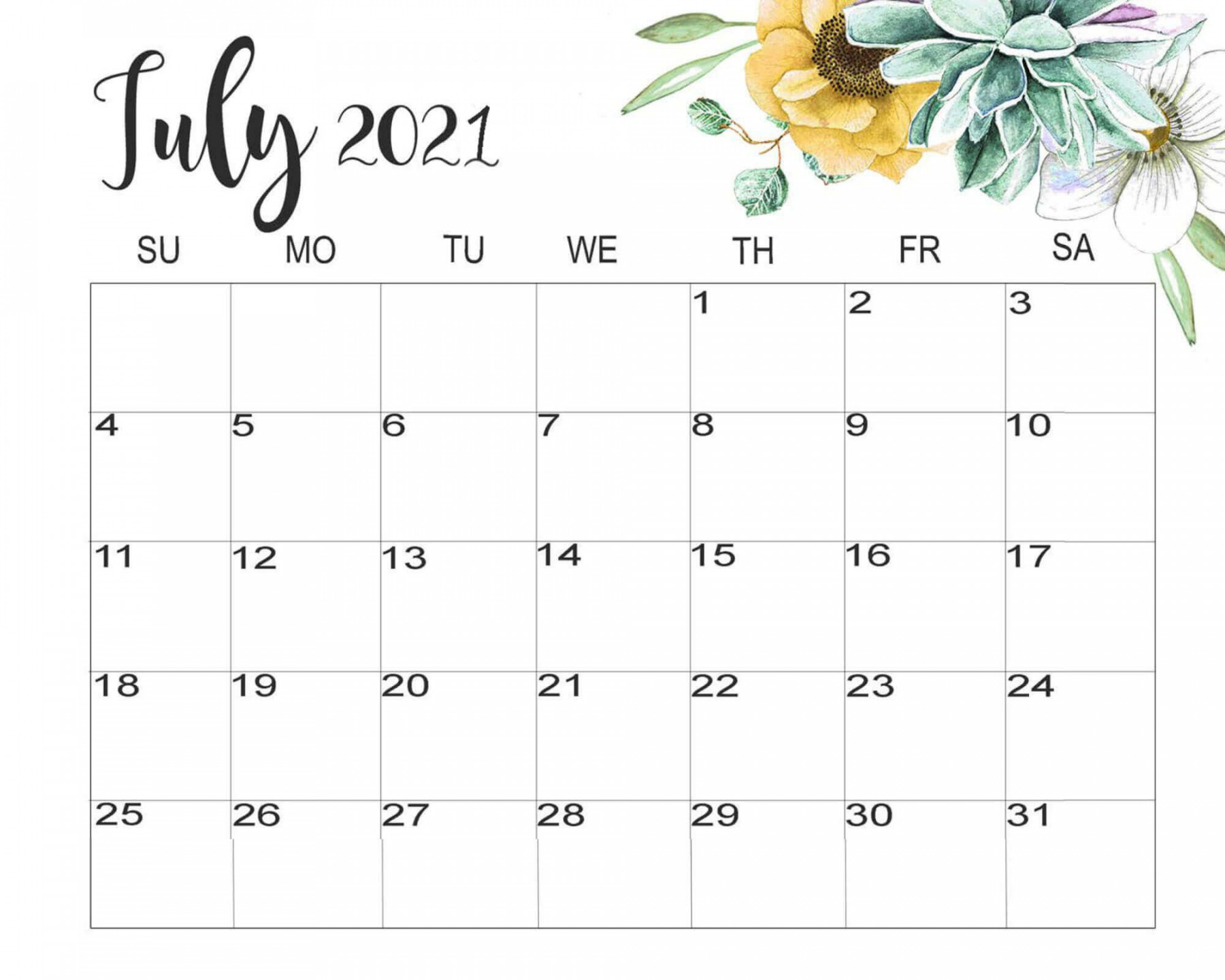 Cute July  Calendar Printable Floral Wall Design  Printable