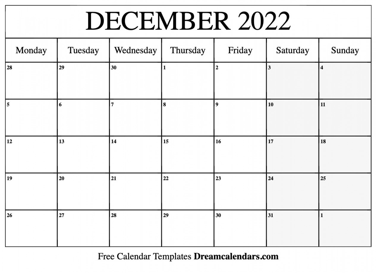December  calendar  Free blank printable with holidays