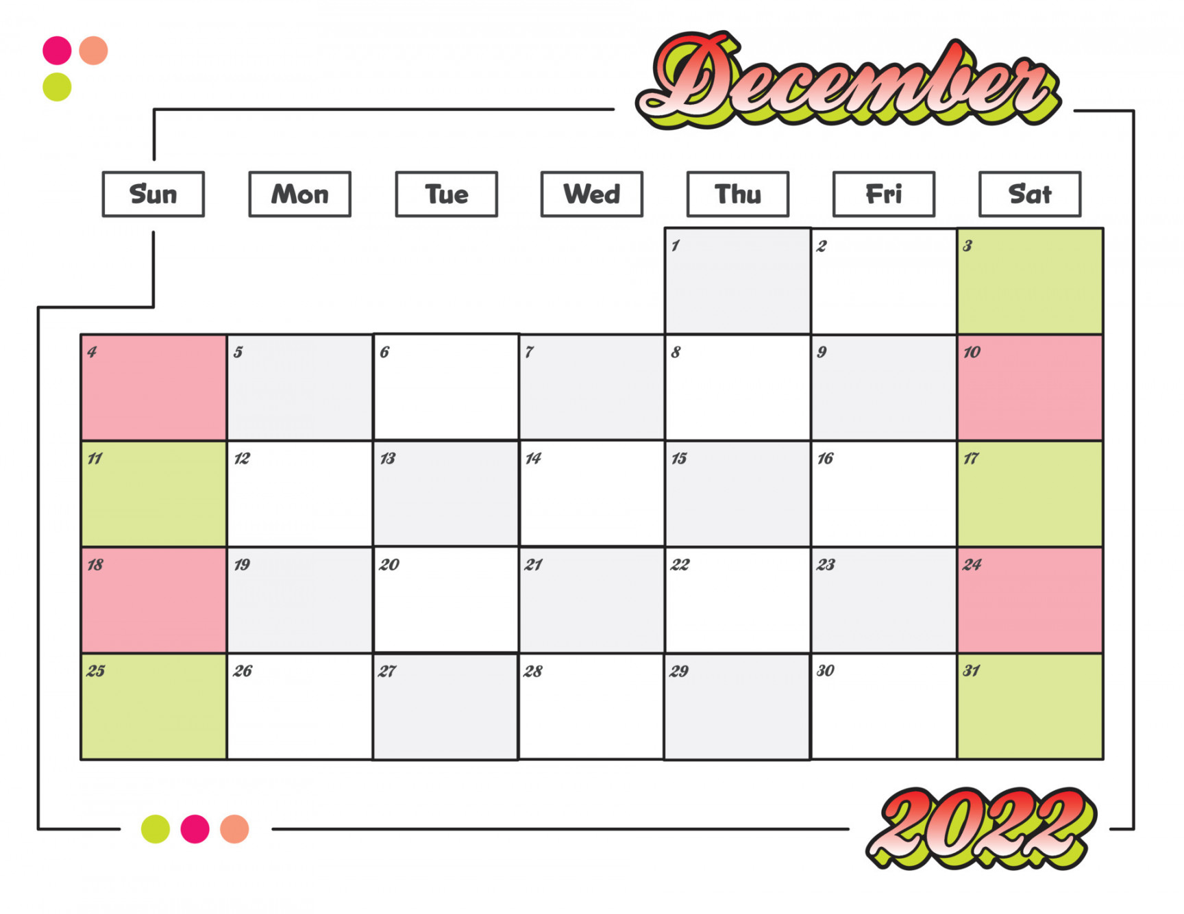 december colorful cute  monthly calendar planner printable