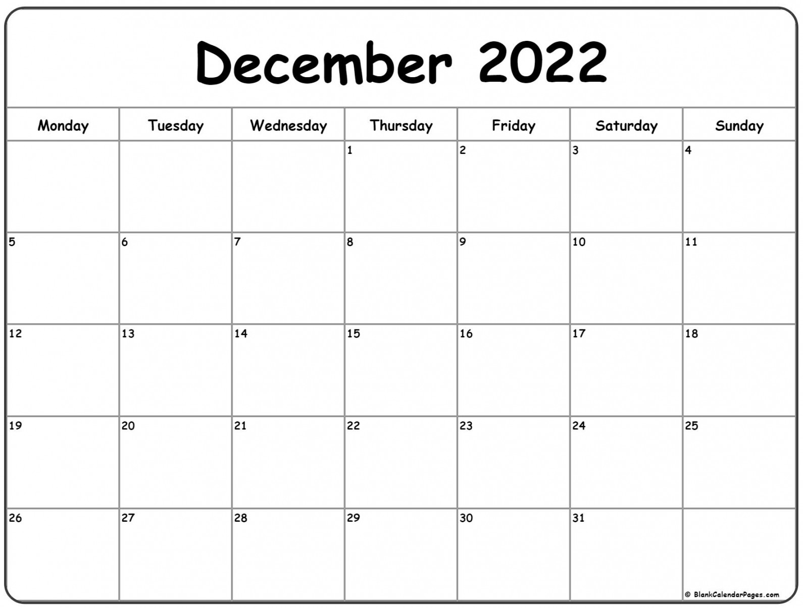 December  Monday Calendar  Monday to Sunday