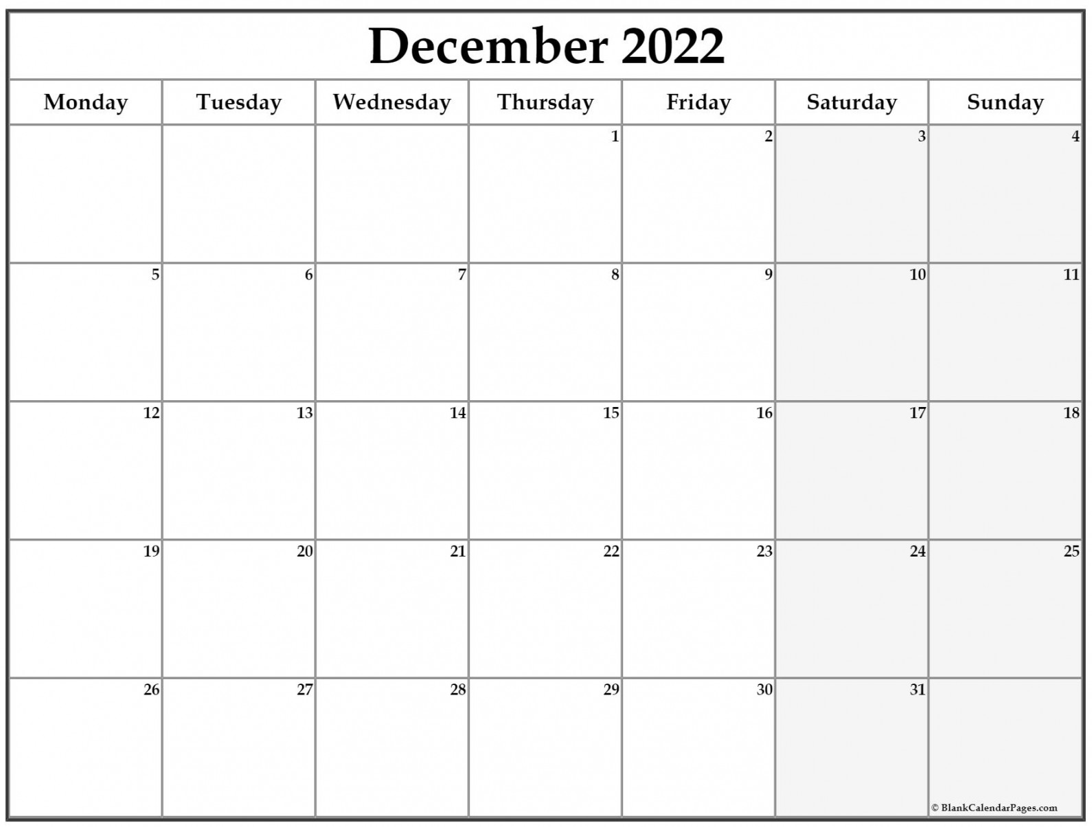 December  Monday Calendar  Monday to Sunday