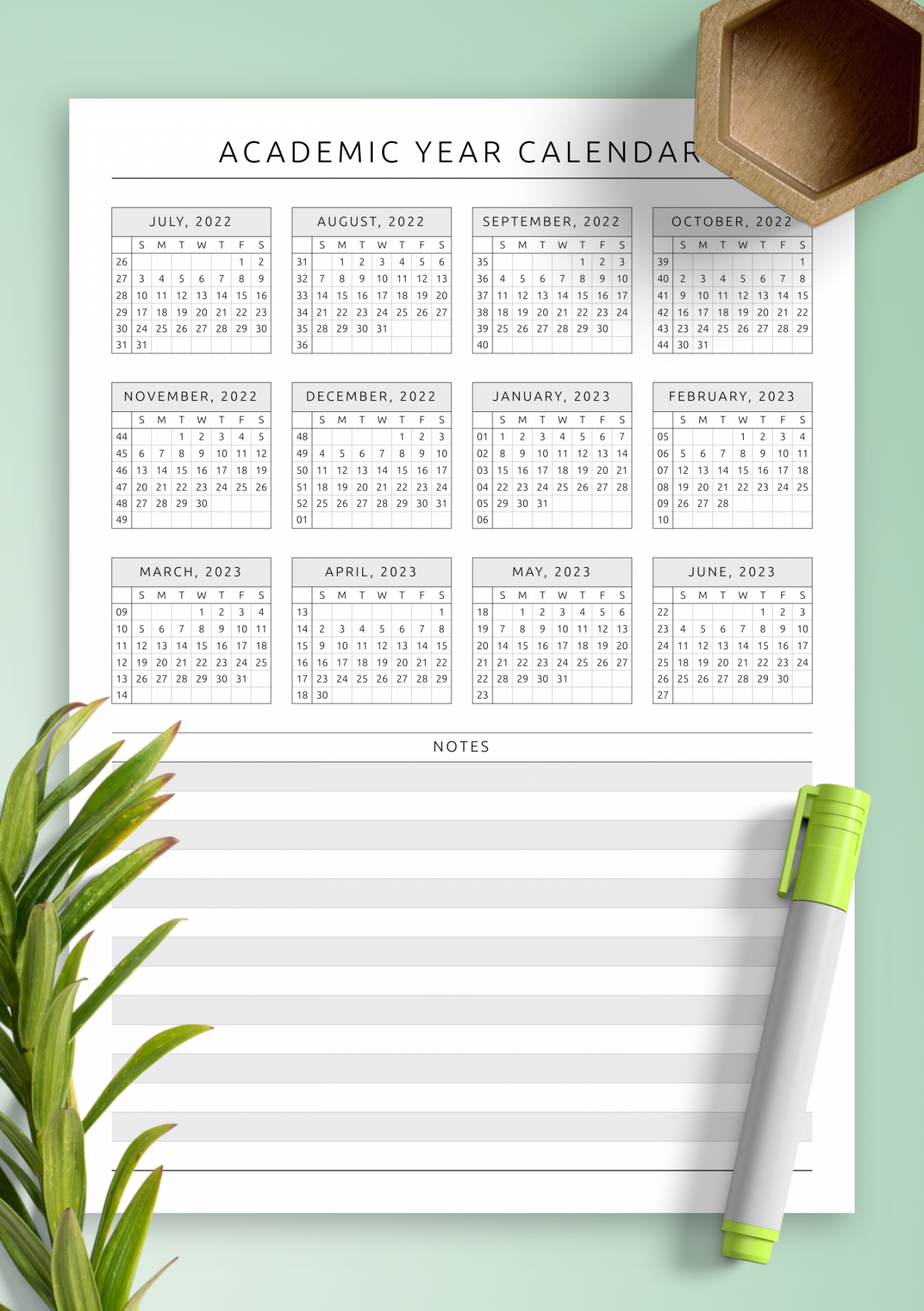 Download Printable Academic Year At-a-Glance Calendar Template PDF