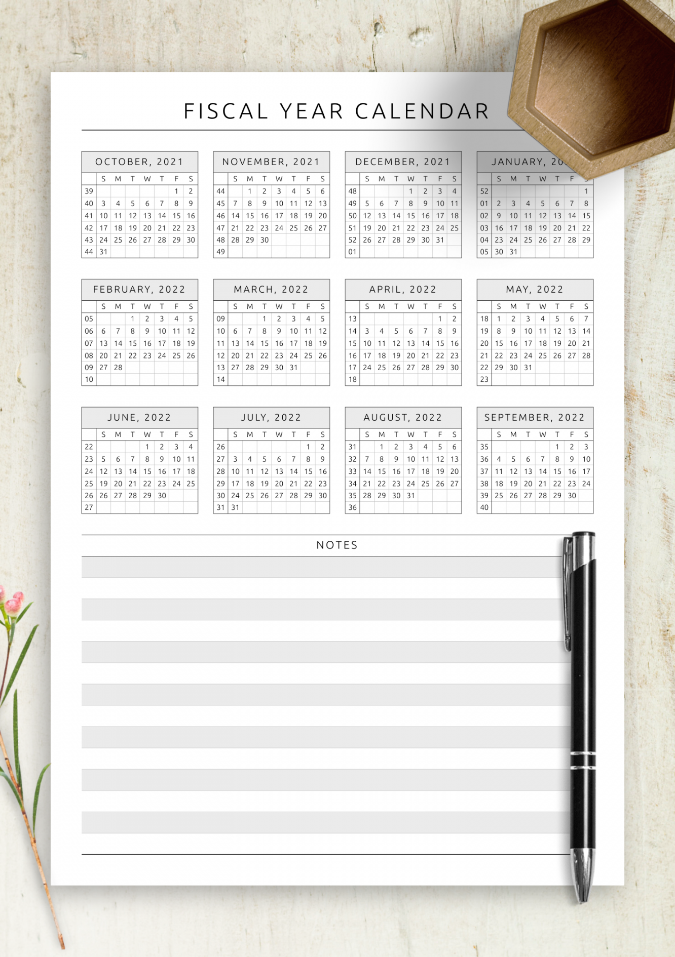 Download Printable Fiscal Year Calendar Template PDF