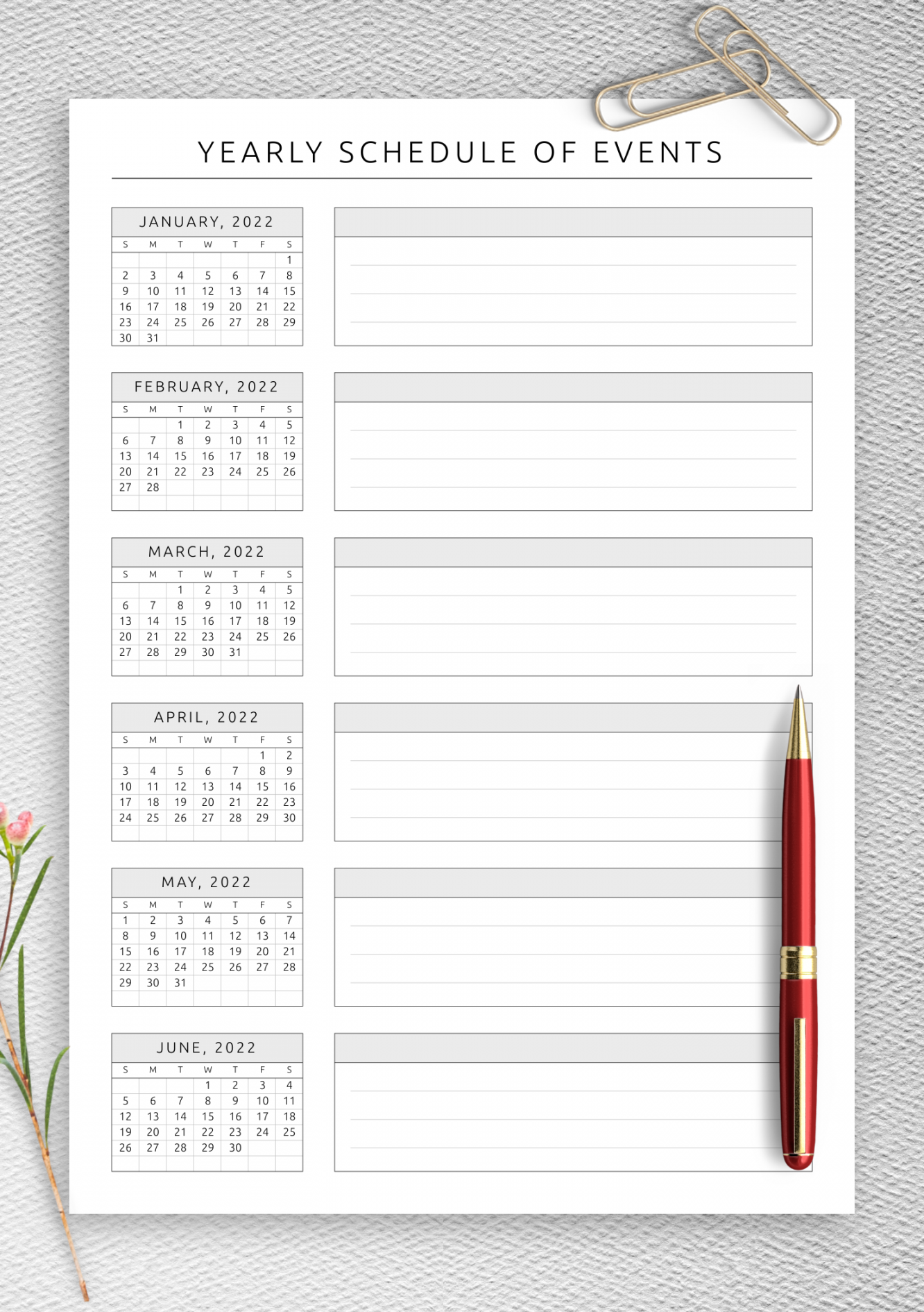 Download Printable Yearly Schedule of Events Template PDF